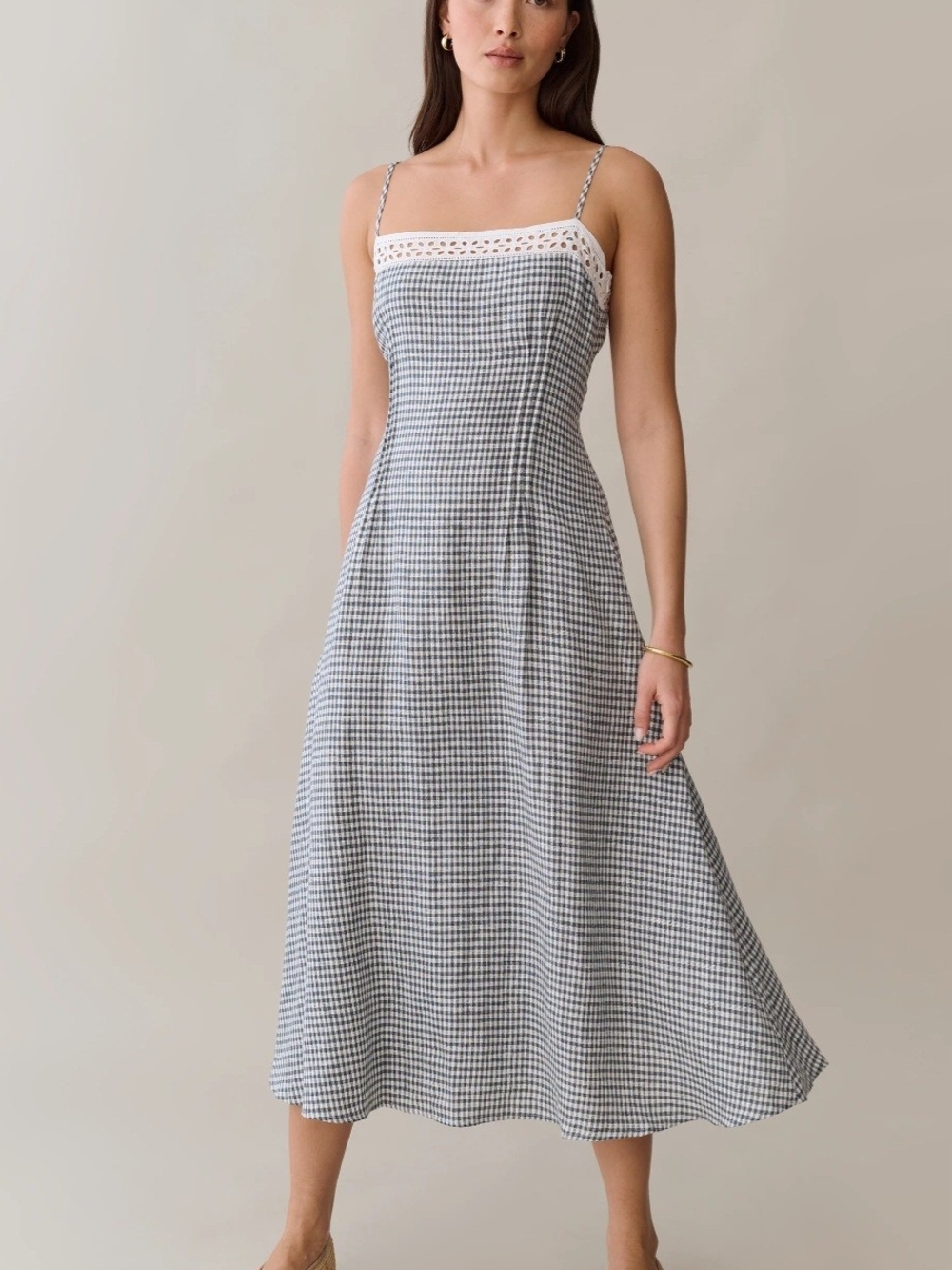 O.P.T. Green & White Gingham Linen Midi Dress with Lace Trim